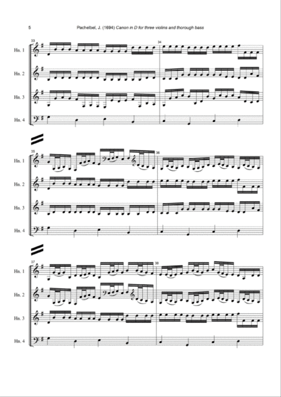 J. Pachelbel - Canon in D-dur, arr. for Horn Quartet (or 3 Horns & Bass Instrument) Brass Ensemble scores gallery preview page 5
