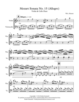 Book cover for Mozart Sonata No.15 (Allegro): Violin & Cello Duet
