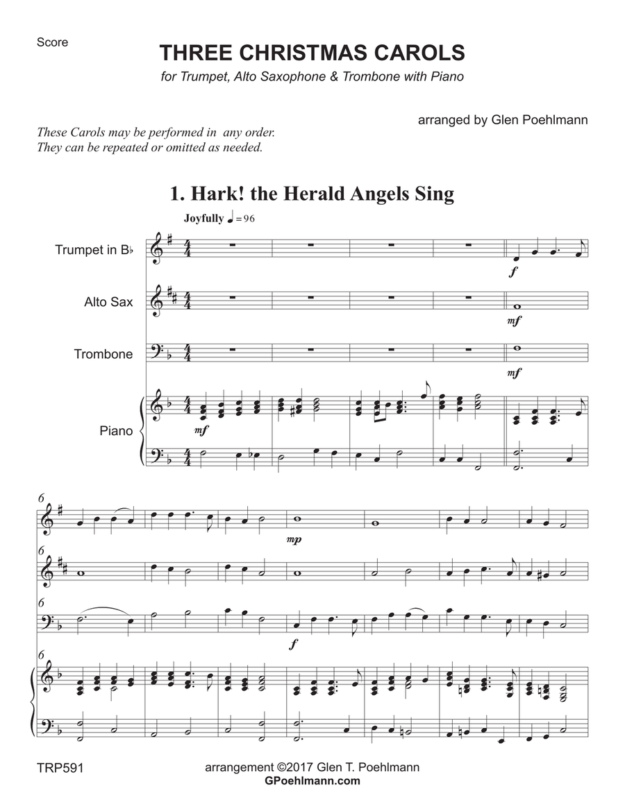 THREE CHRISTMAS CAROLS - for TRUMPET, ALTO SAX & TROMBONE with Piano Small Ensemble scores gallery preview page 1