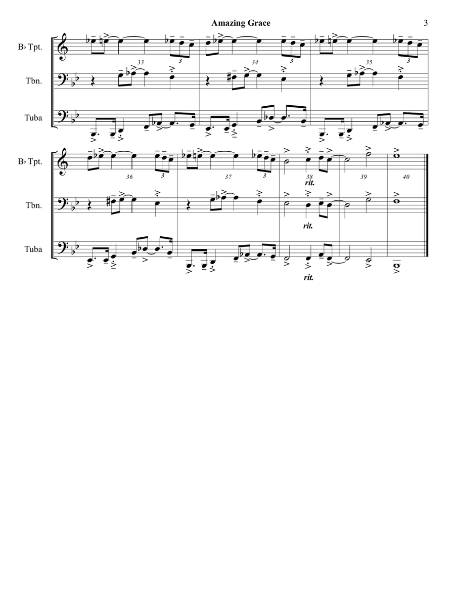 Amazing Grace - Mixed Brass Trio (Trumpet, Trombone, Tuba) - Jazz Funeral Style Brass Trio scores gallery preview page 3