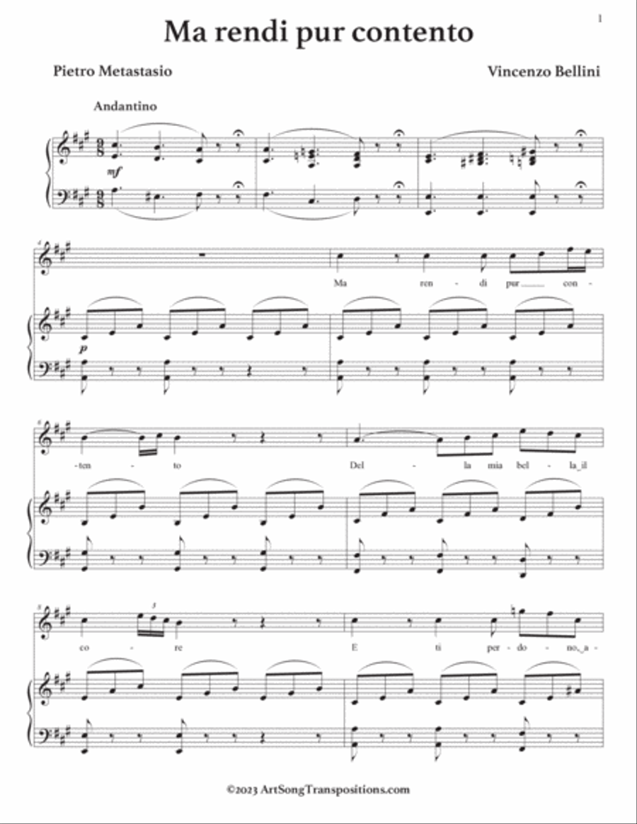 BELLINI: Ma rendi pur contento (transposed to 8 keys: A, A-flat, G, F-sharp, F, E, E-flat, D major) Voice scores gallery preview page 2