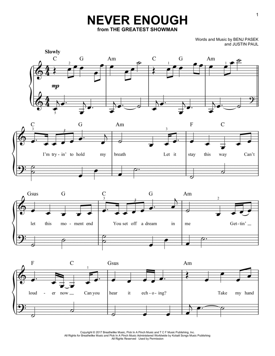 Never Enough (from The Greatest Showman) Easy Piano scores gallery preview page 1