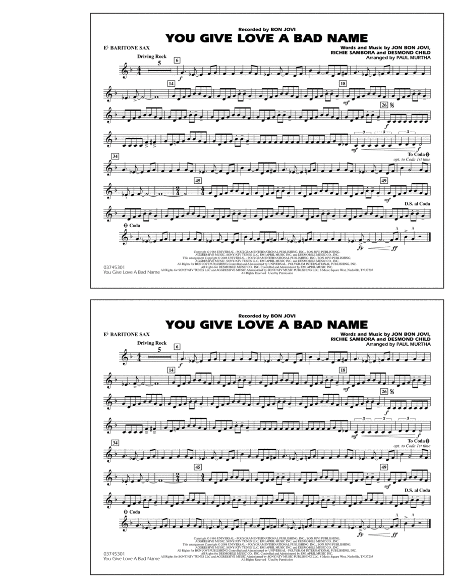 You Give Love a Bad Name - Eb Baritone Sax Marching Band scores gallery preview page 1