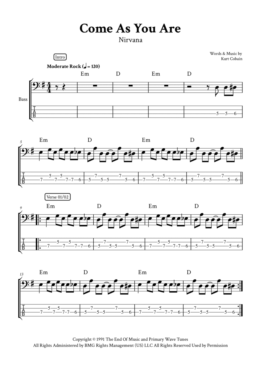 Come As You Are Bass Guitar scores gallery preview page 1