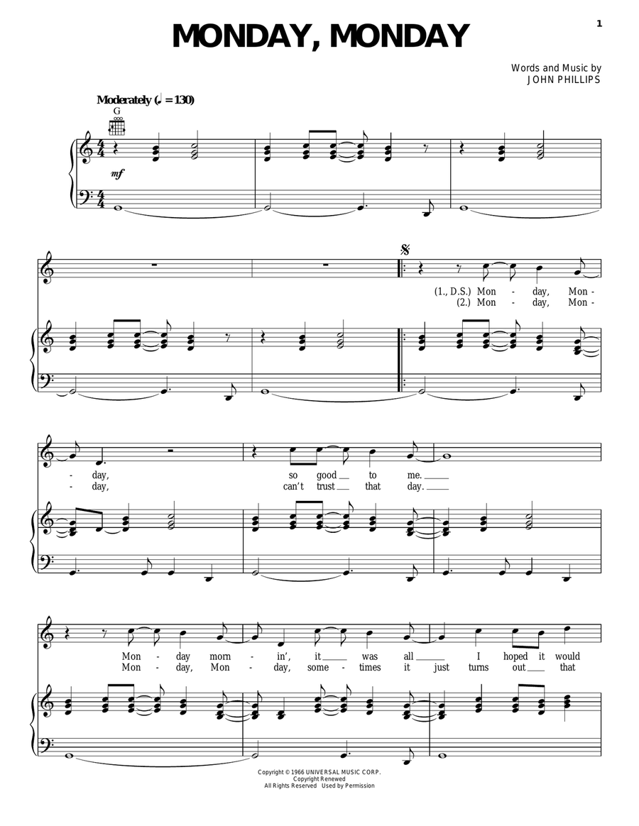 Monday, Monday Piano, Vocal, Guitar scores gallery preview page 1