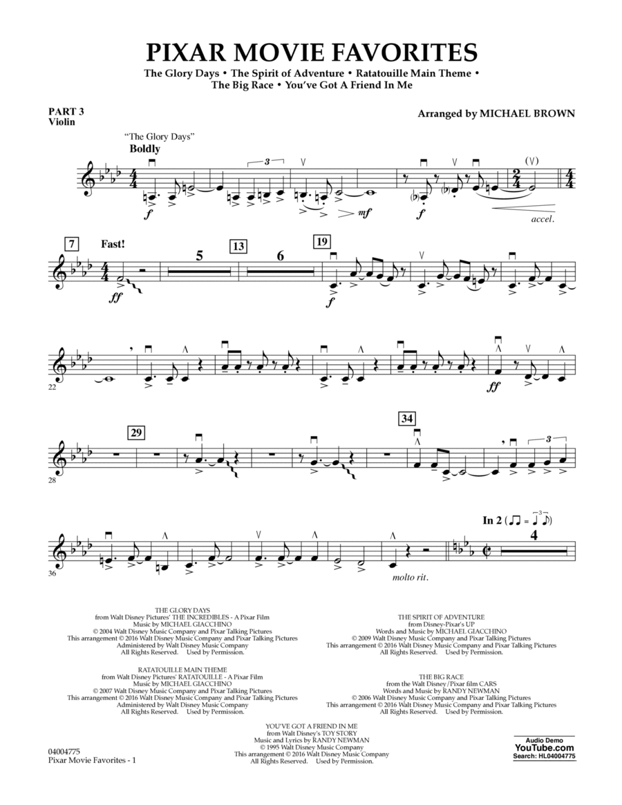 Pixar Movie Favorites - Pt.3 - Violin Concert Band scores gallery preview page 1