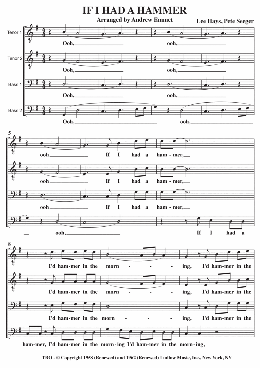 If I Had A Hammer (The Hammer Song) TTBB scores gallery preview page 1