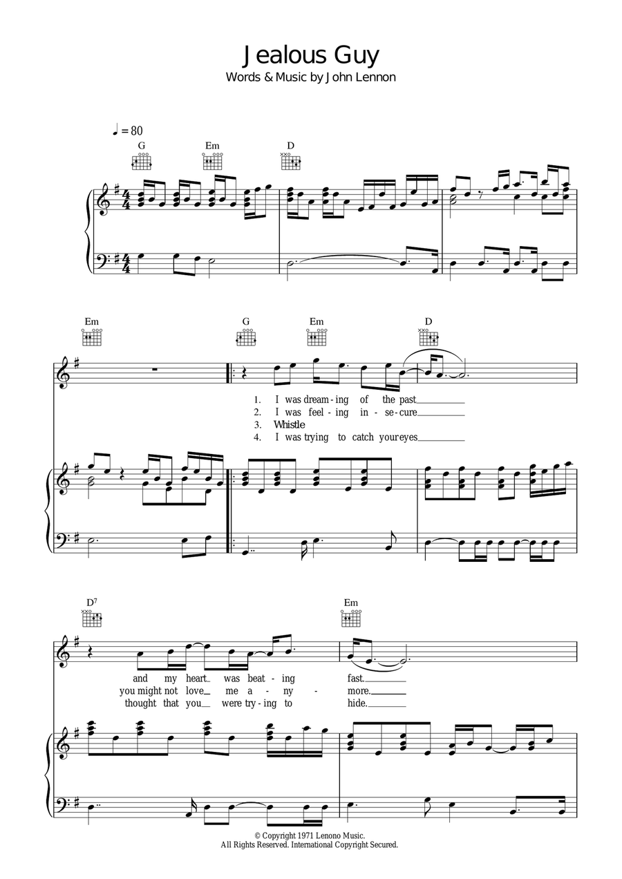Jealous Guy Piano, Vocal, Guitar scores gallery preview page 1
