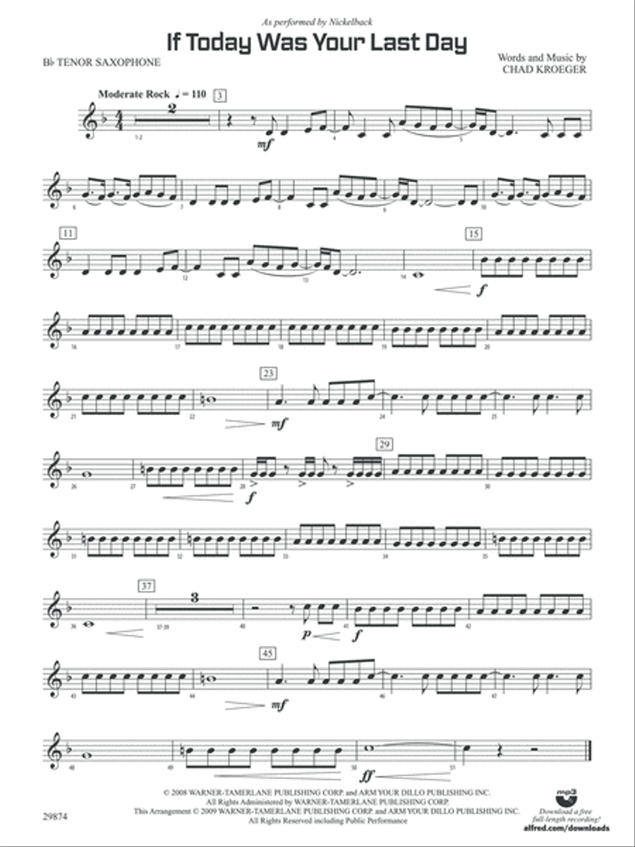 If Today Was Your Last Day: B-flat Tenor Saxophone Concert Band scores gallery preview page 1