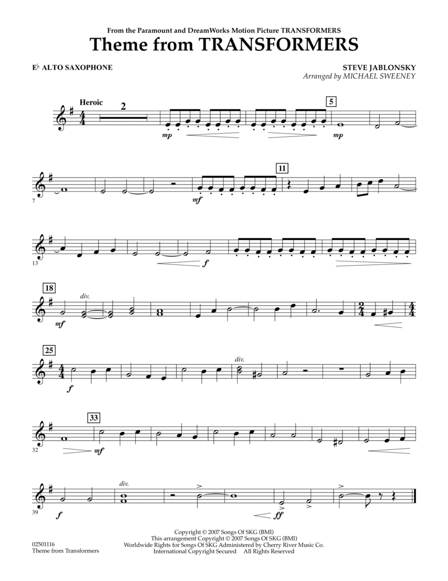 Theme From Transformers - Eb Alto Saxophone