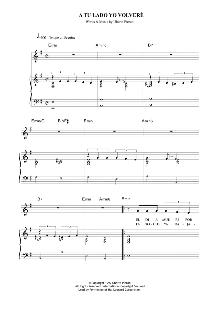 A tu lado yo volverè Piano, Vocal, Guitar scores gallery preview page 1