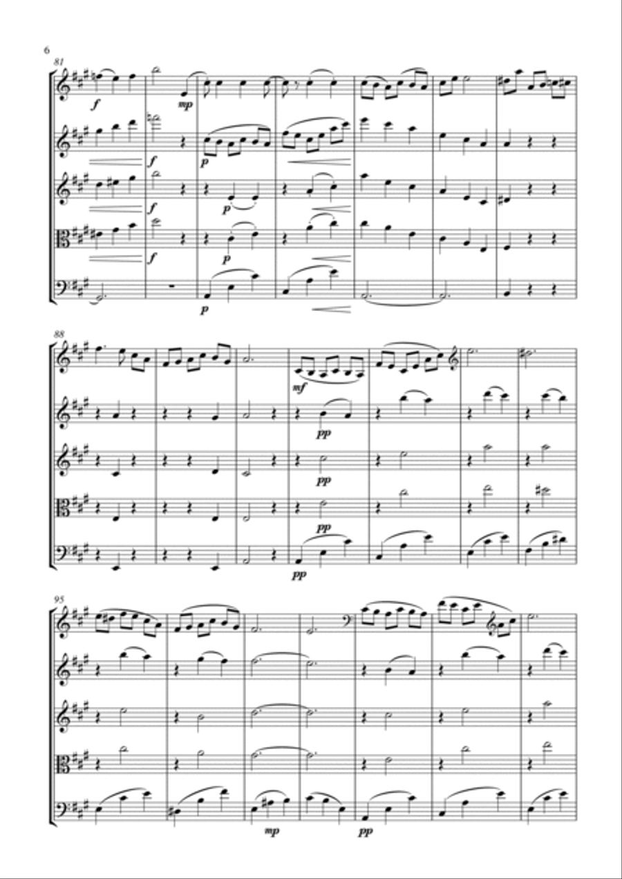 Valse Miniature arranged for double bass in solo tuning and string quartet/string orchestra. String Quartet scores gallery preview page 6
