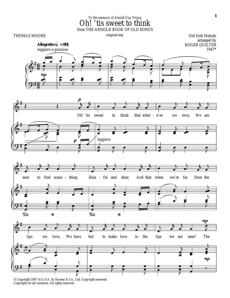 Oh! 'Tis Sweet To Think Piano, Vocal scores gallery preview page 1