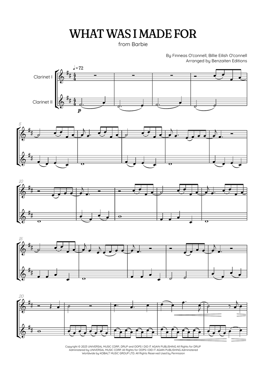 What Was I Made For? Clarinet Duet scores gallery preview page 1