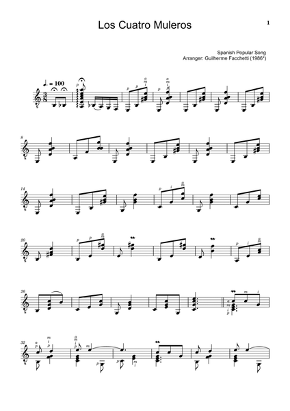 Spanish Popular Song - Los Cuatro Muleros. Arrangement for Classical Guitar. image number null