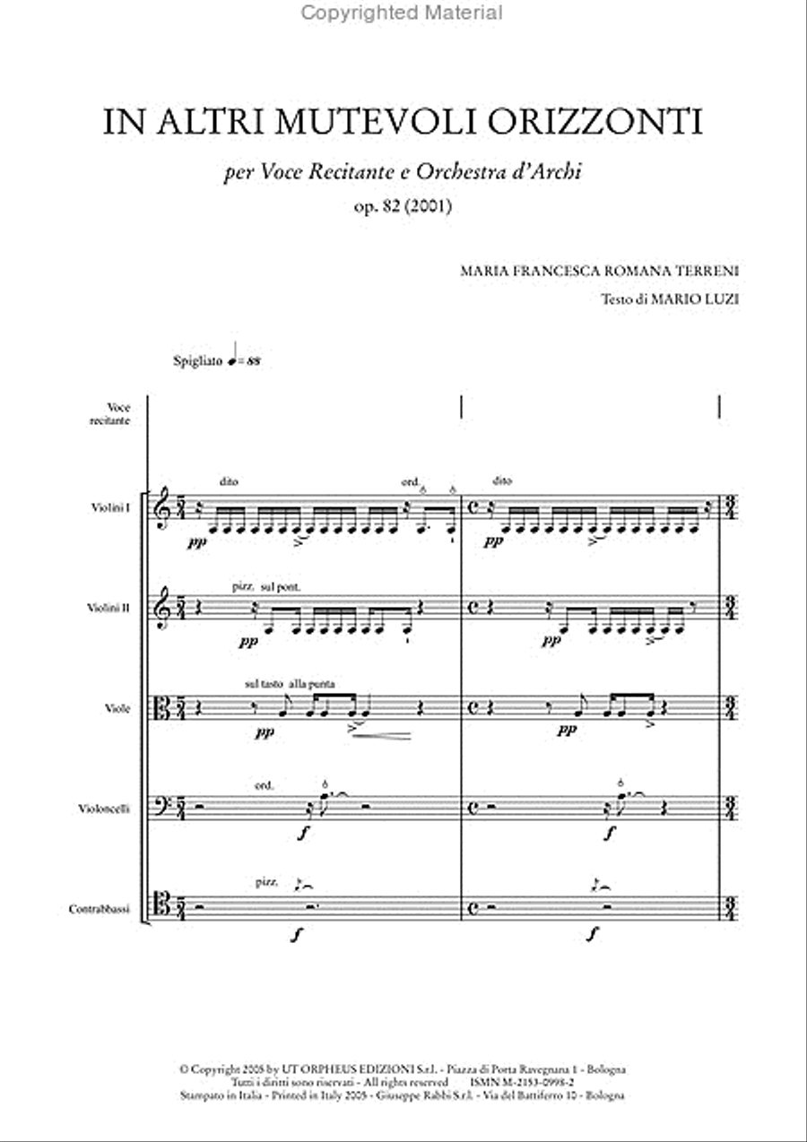 In altri mutevoli orizzonti Op. 82 for Speaking Voice and String Orchestra (2001). Text by Mario Luzi String Orchestra scores gallery preview page 2