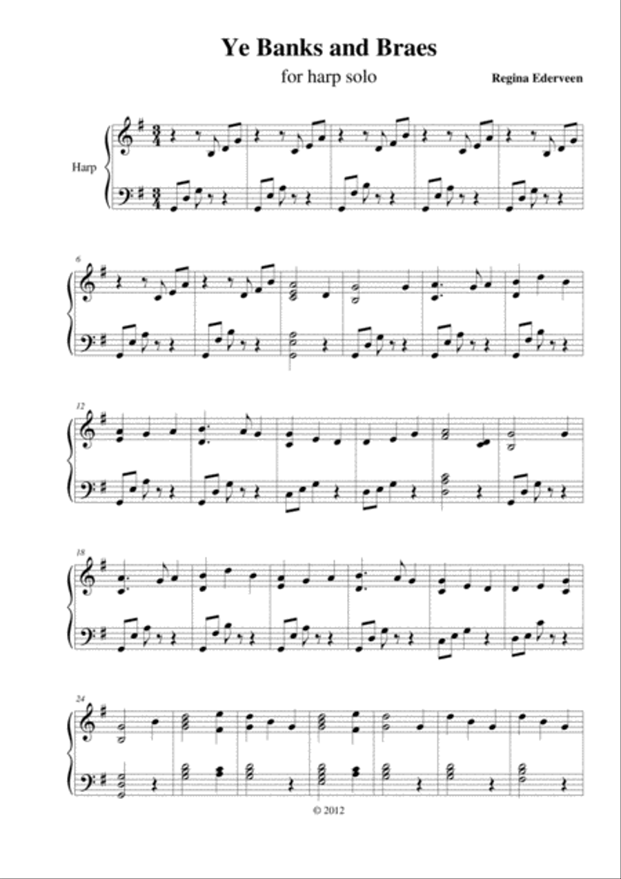 Ye Banks and Braes - lever harp solo Celtic Harp scores gallery preview page 1