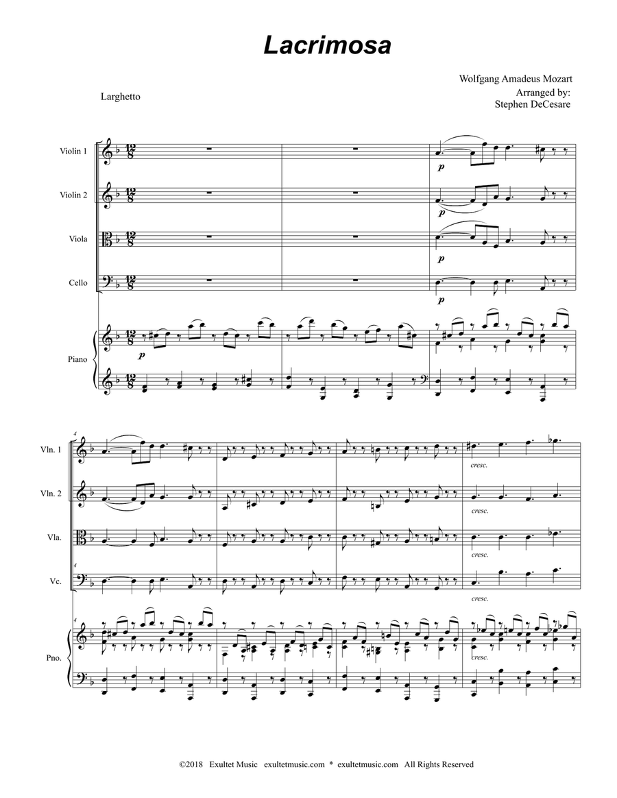 Lacrimosa (String Quartet and Piano) Lacrimosa (String Quartet and Piano) String Quartet scores gallery preview page 1