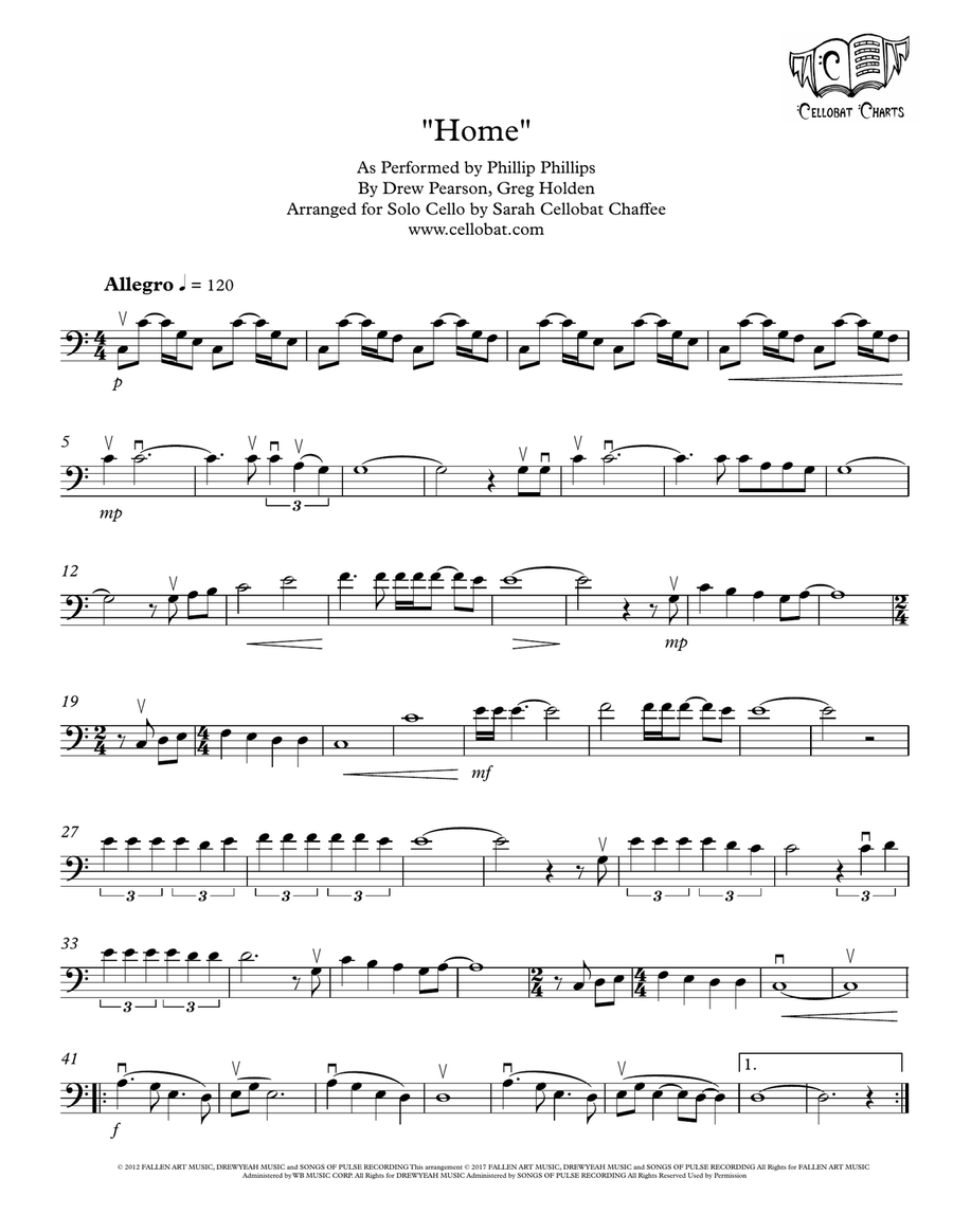 Home by Phillip Phillips Cello Solo - Digital Sheet Music
