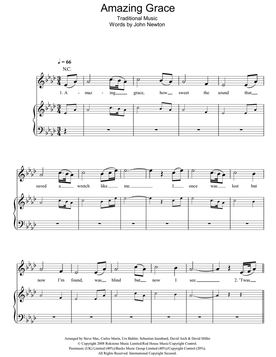 Amazing Grace Piano, Vocal, Guitar scores gallery preview page 1