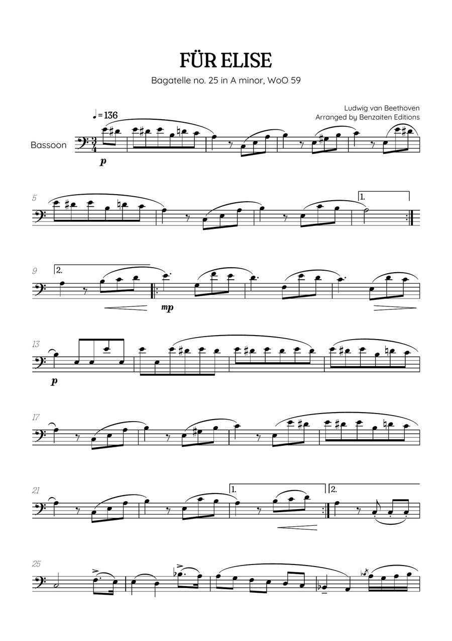 Beethoven • Für Elise / Pour Elise • bassoon sheet music Bassoon Solo scores gallery preview page 1