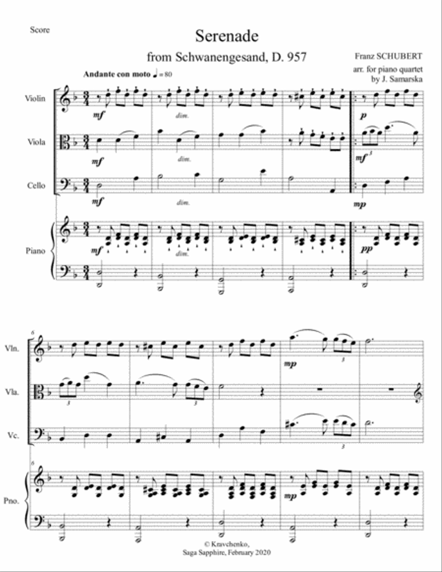 Franz Schubert - Serenade from Schwanengesand arr. for piano quartet (score and parts)