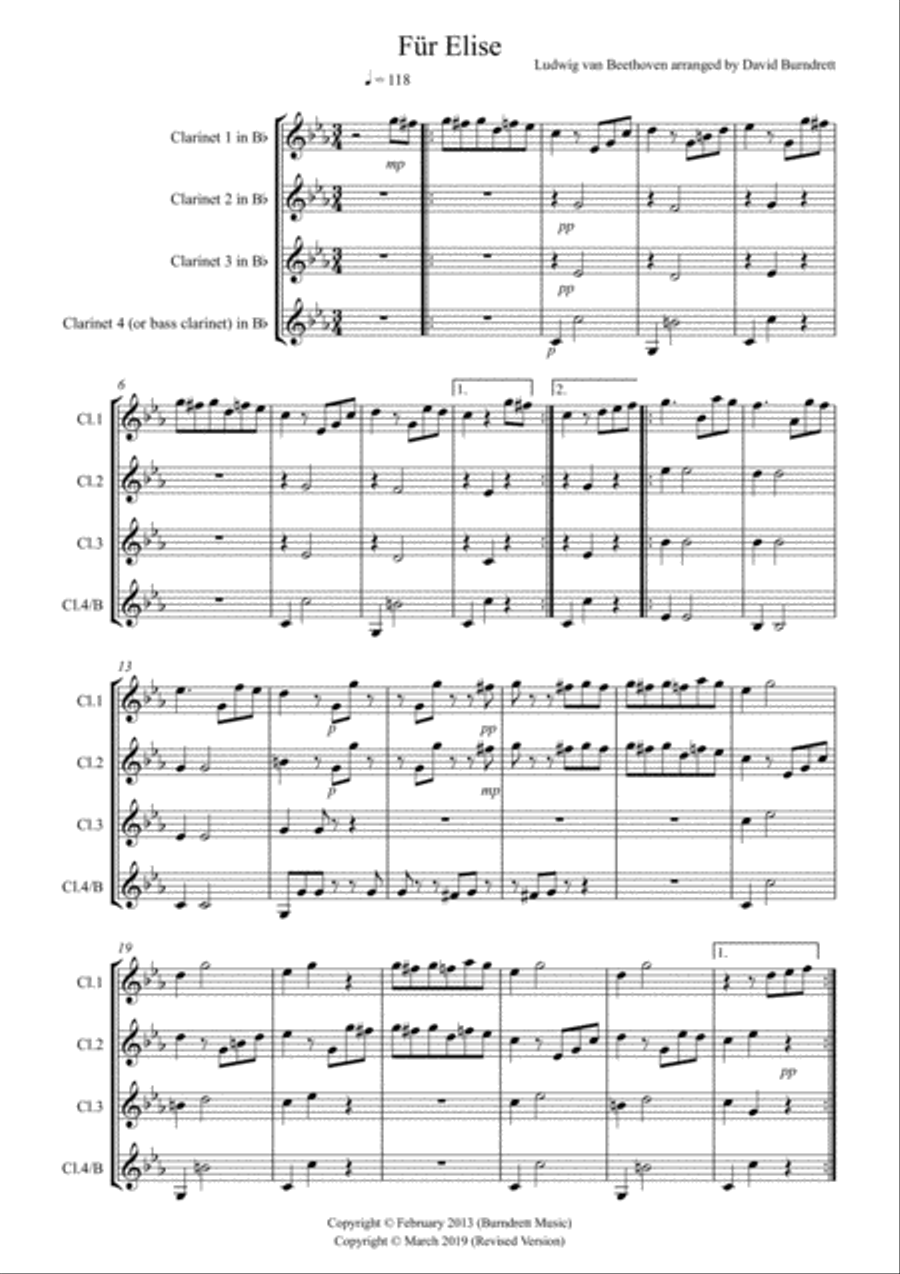 Für Elise for Clarinet Quartet Clarinet Quartet scores gallery preview page 1
