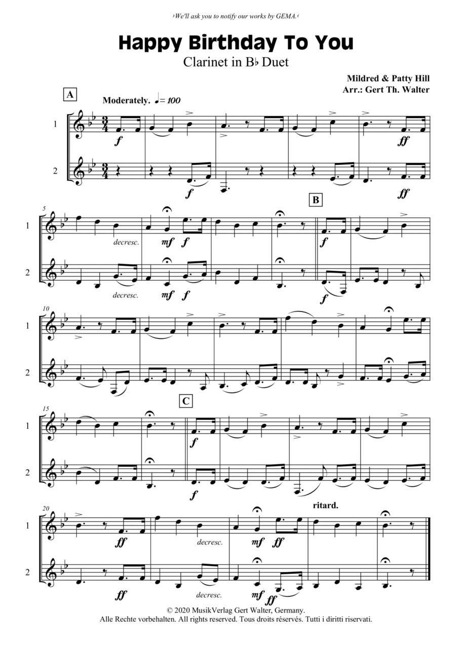 Happy Birthday To You Clarinet Duet scores gallery preview page 1