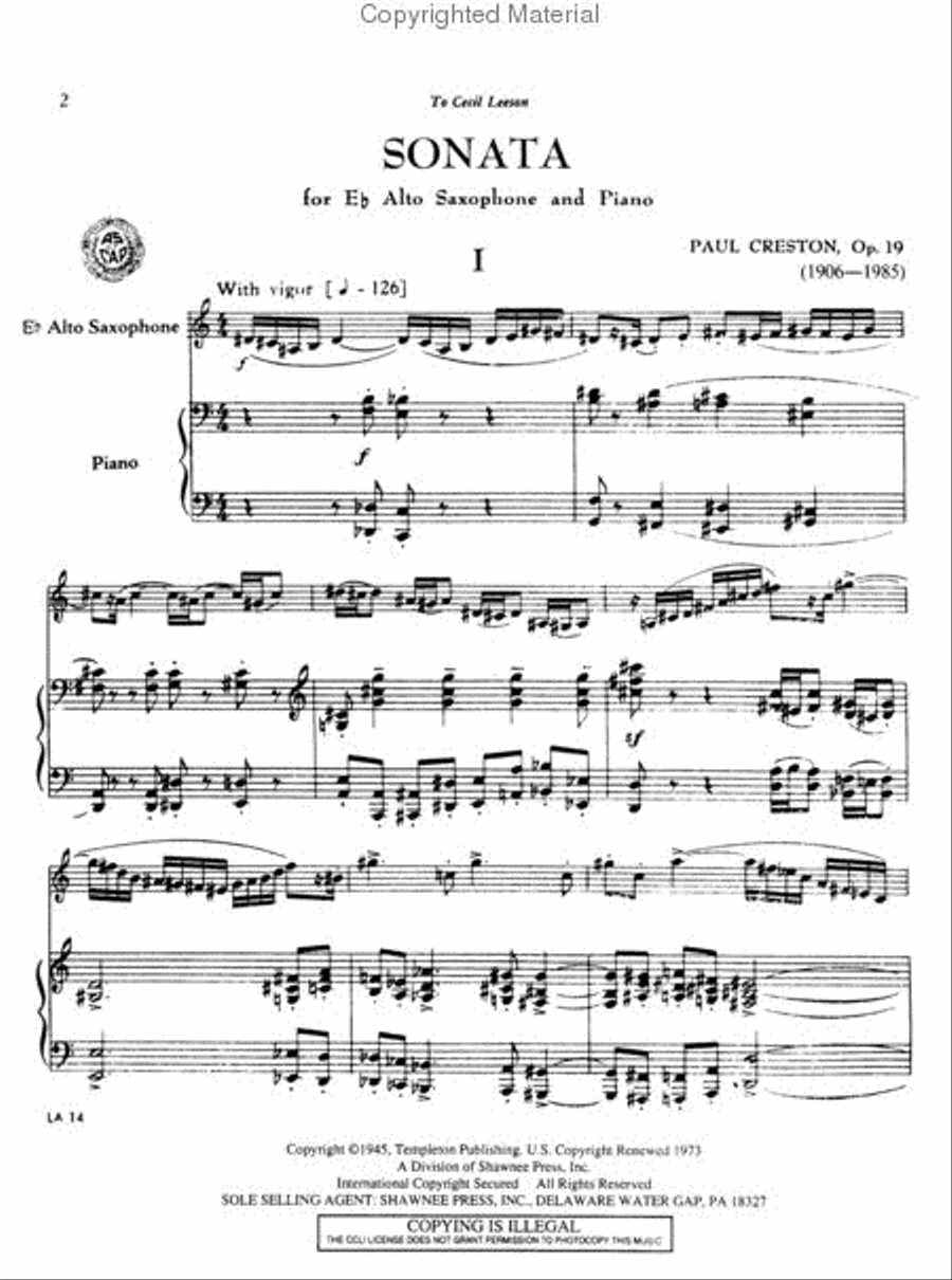 Sonata, Opus 19 for Eb Alto Saxophone