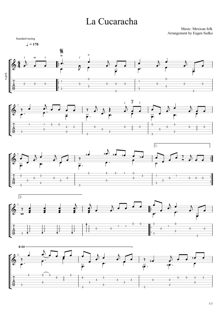 La Cucaracha - Mexican folk song for guitar, notes & tabs Acoustic Guitar scores gallery preview page 1