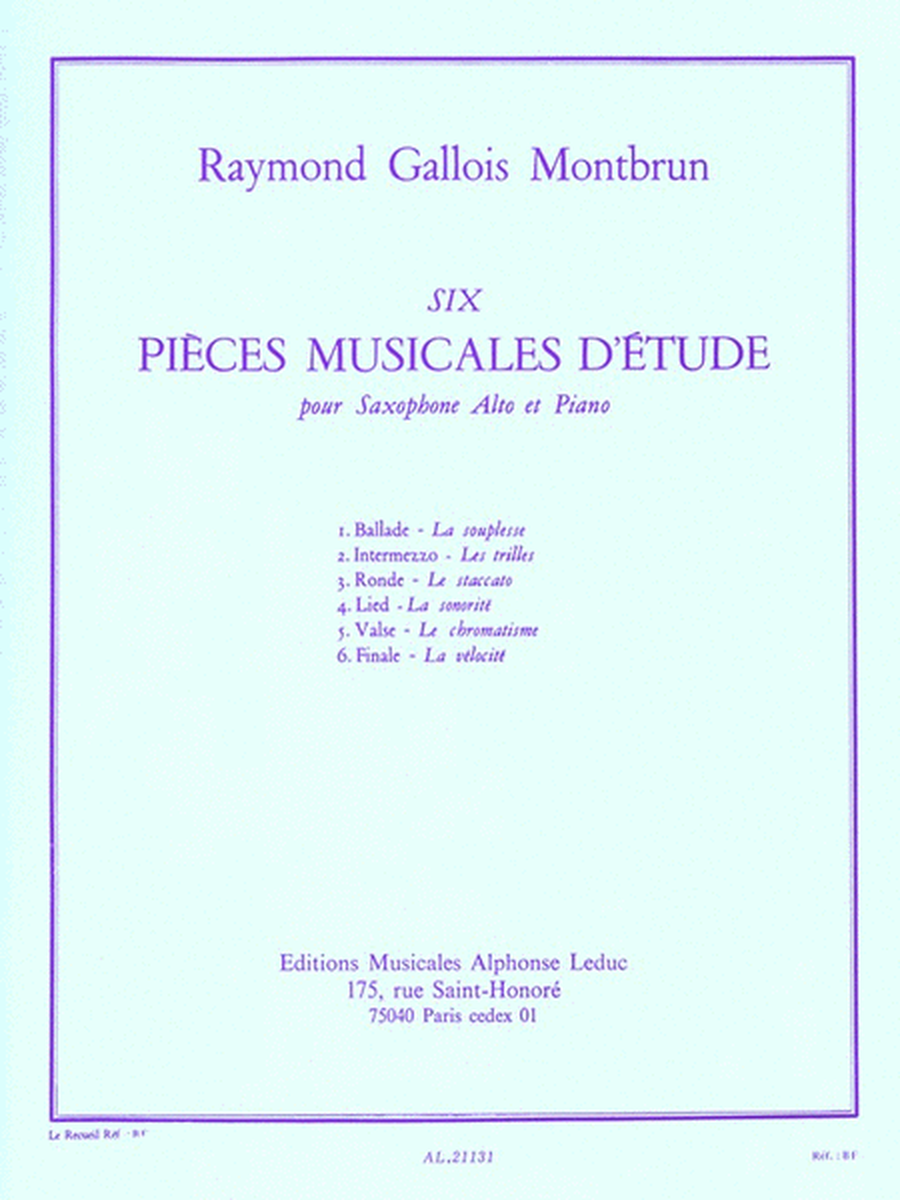 Six Pieces Musicales D'etude Pour Saxophone Alto Et Piano