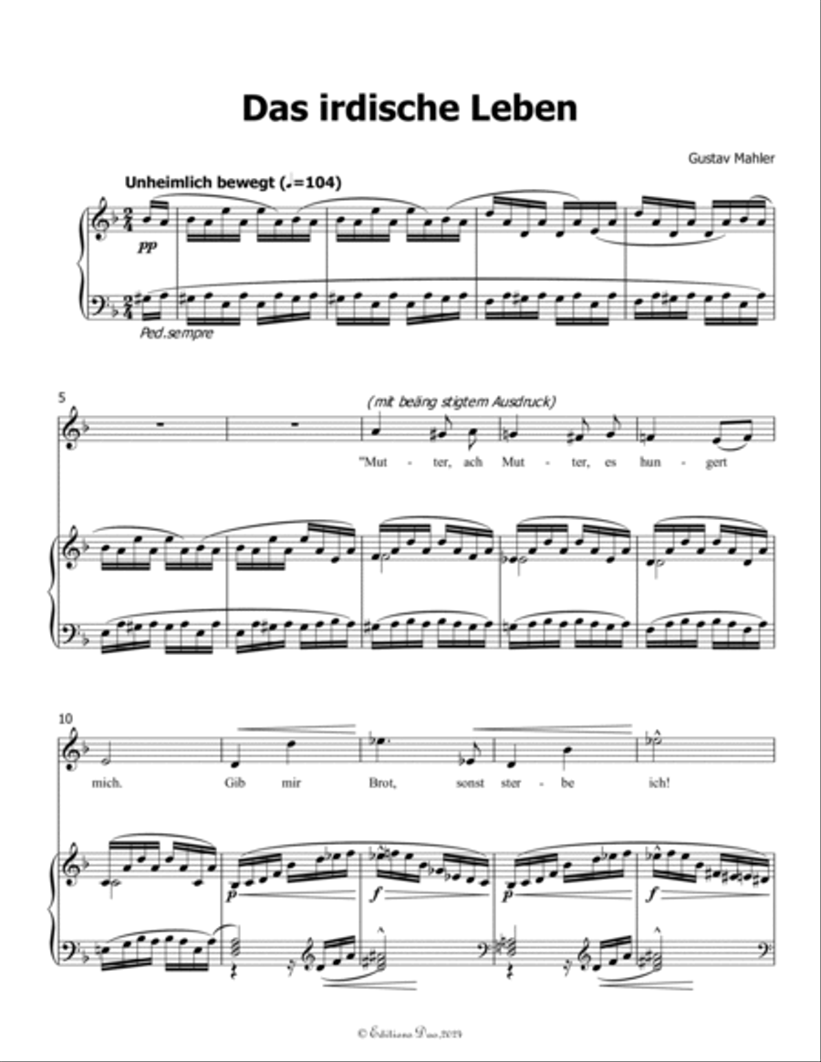 Das irdische Leben, by Mahler, in F Major Piano, Vocal scores gallery preview page 3
