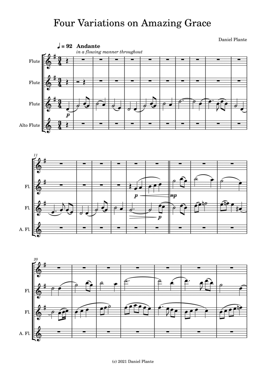 Four Variations on Amazing Grace Flute Quartet scores gallery preview page 1