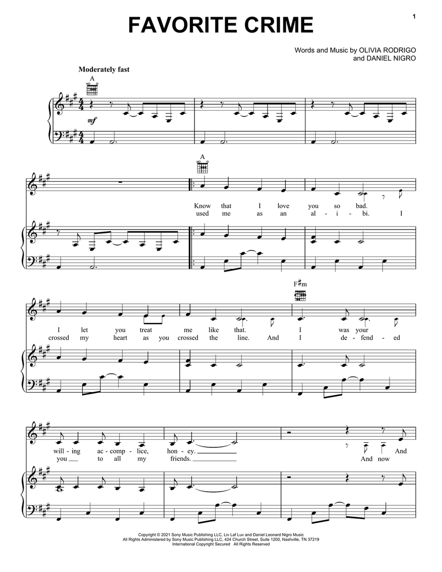 favorite crime Piano, Vocal, Guitar scores gallery preview page 1