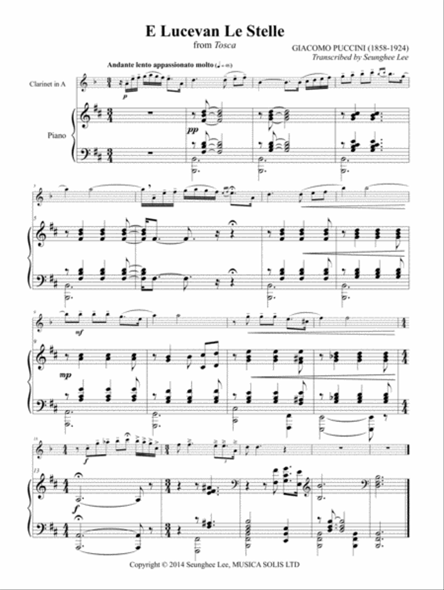 Giacomo Puccini: Tosca E Lucevan Le Stelle for Clarinet and Piano Clarinet Solo scores gallery preview page 1