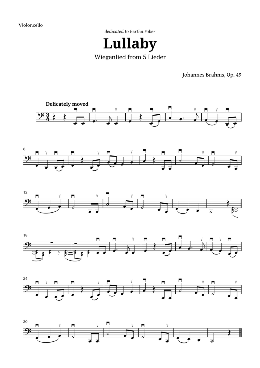 Wiegenlied (lullaby) by Brahms for Cello Cello Solo scores gallery preview page 1