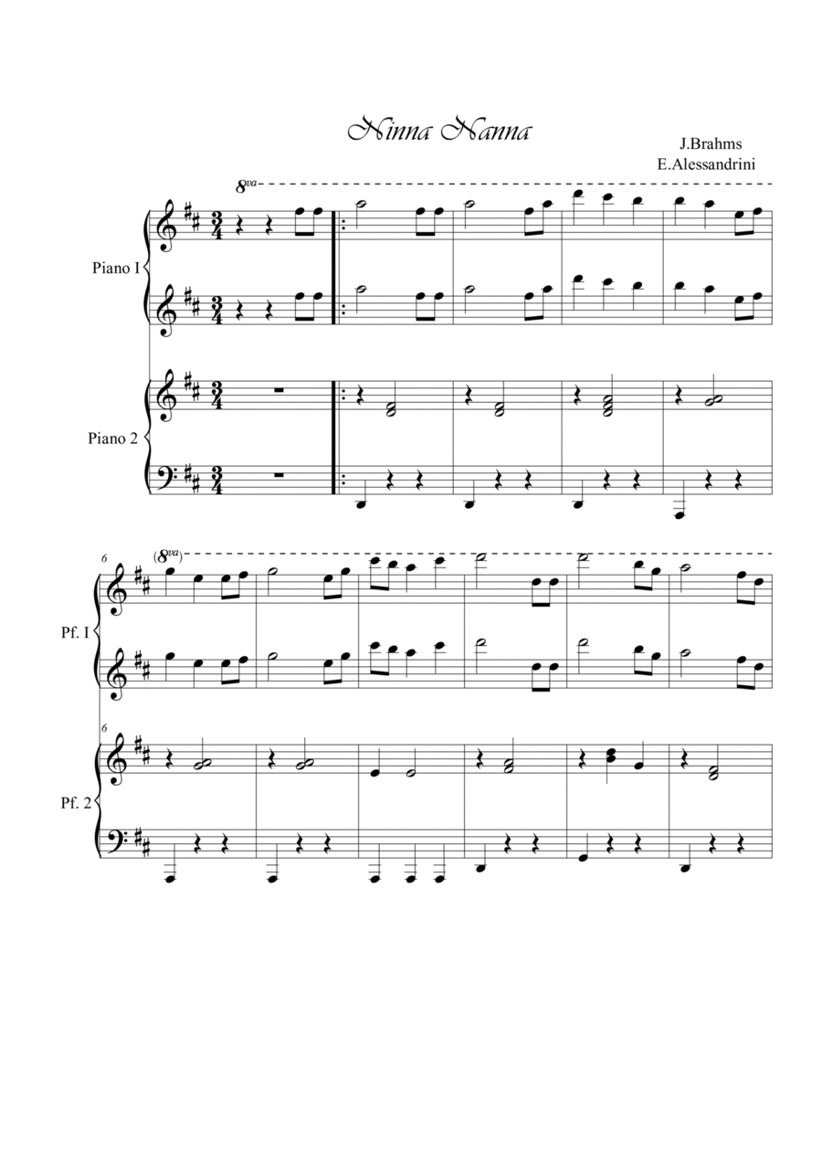 Ninna Nanna di Brahms. Piano 4 hands Easy Piano scores gallery preview page 1