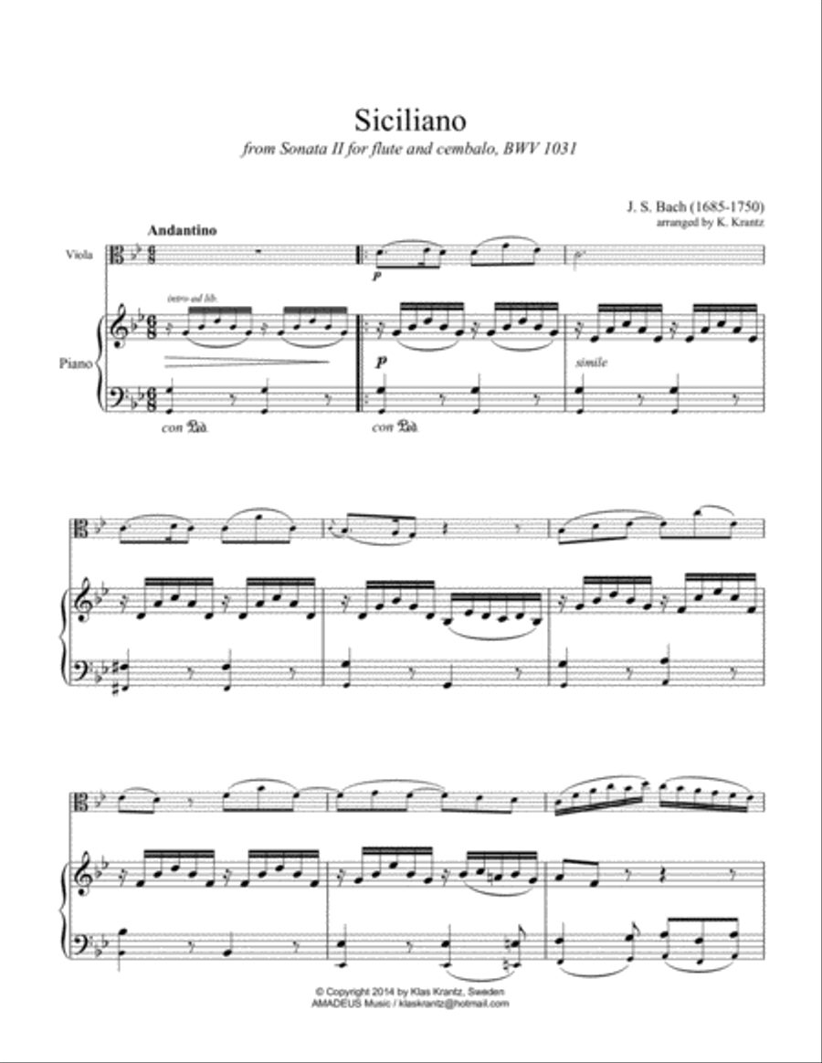 Siciliano BWV 1031 (G Minor) for viola and easy piano Easy Piano scores gallery preview page 2