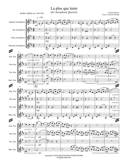 Debussy – La plus que lente (for Saxophone Quartet SATB) image number null