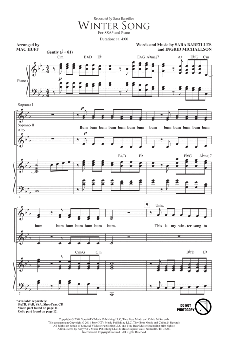 Winter Song (arr. Mac Huff) SSA scores gallery preview page 1