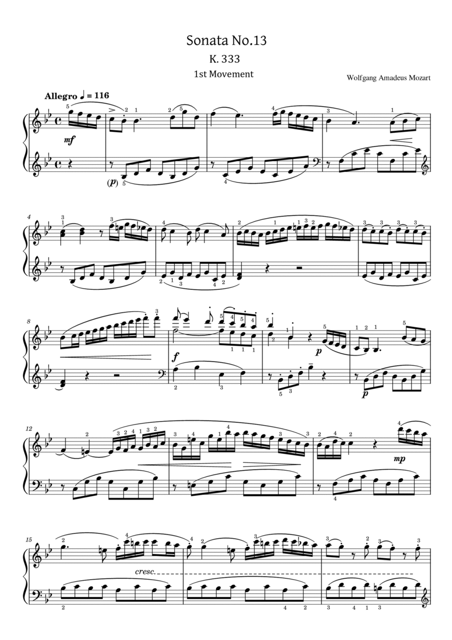 Mozart - Piano Sonata No.13 in B-flat major, K.333 1st Mov - Original With Fingered - For Piano Solo Piano Solo scores gallery preview page 1