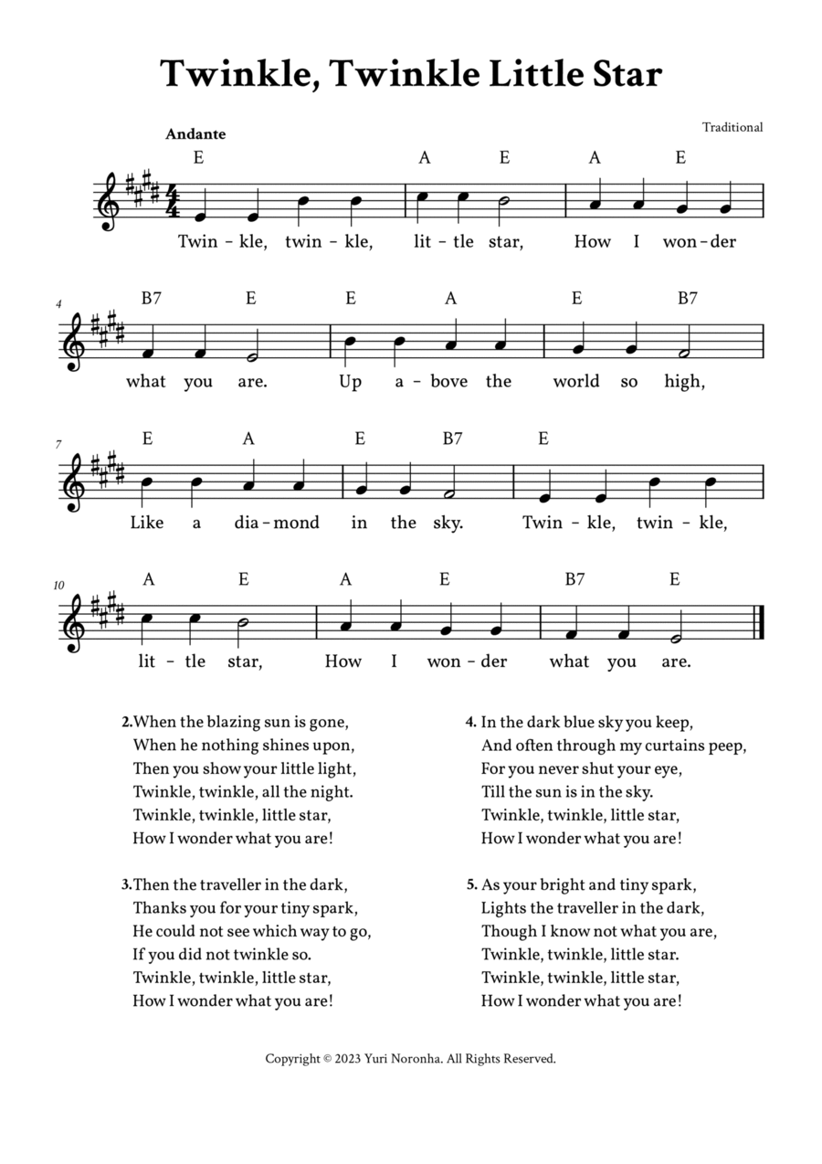 Twinkle, Twinkle Little Star - Lead Sheet E Major (Full Lyrics) A Cappella scores gallery preview page 1