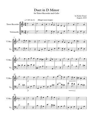 Duet in D Minor for Tenor Recorder and Cello Duet