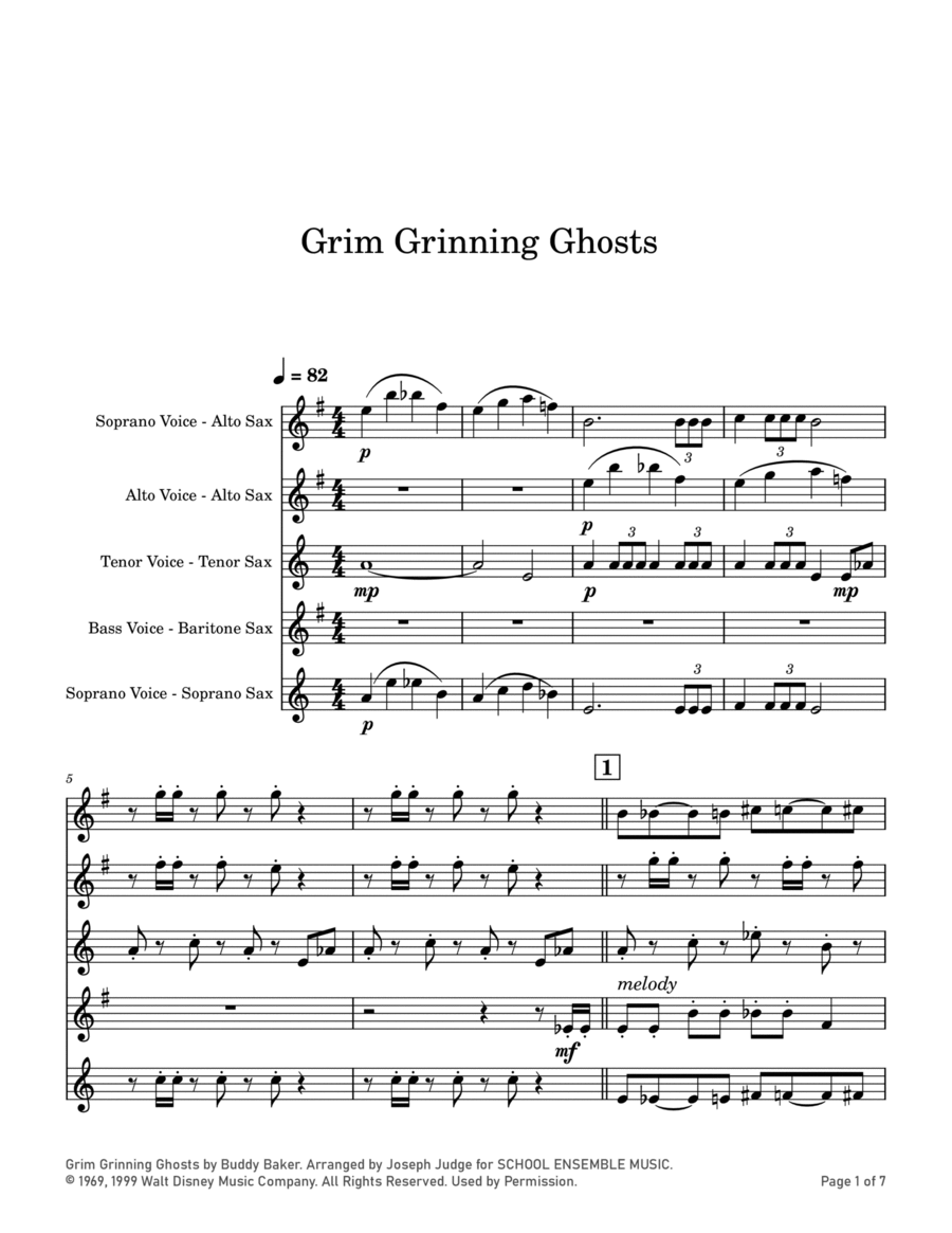 Grim Grinning Ghosts Saxophone Quartet scores gallery preview page 1