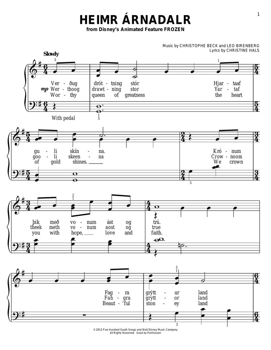 Heimr Arnadalr (from Disney's Frozen) Easy Piano scores gallery preview page 1