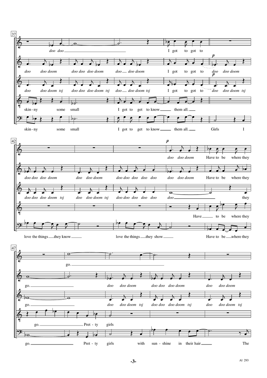 Girls SAATB chorus A Cappella Solo Bass Voice Divisi scores gallery preview page 3