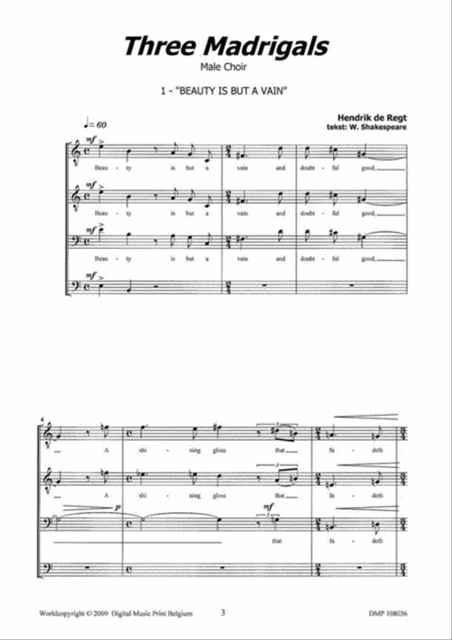 Three Madrigals Unison Choir scores gallery preview page 2