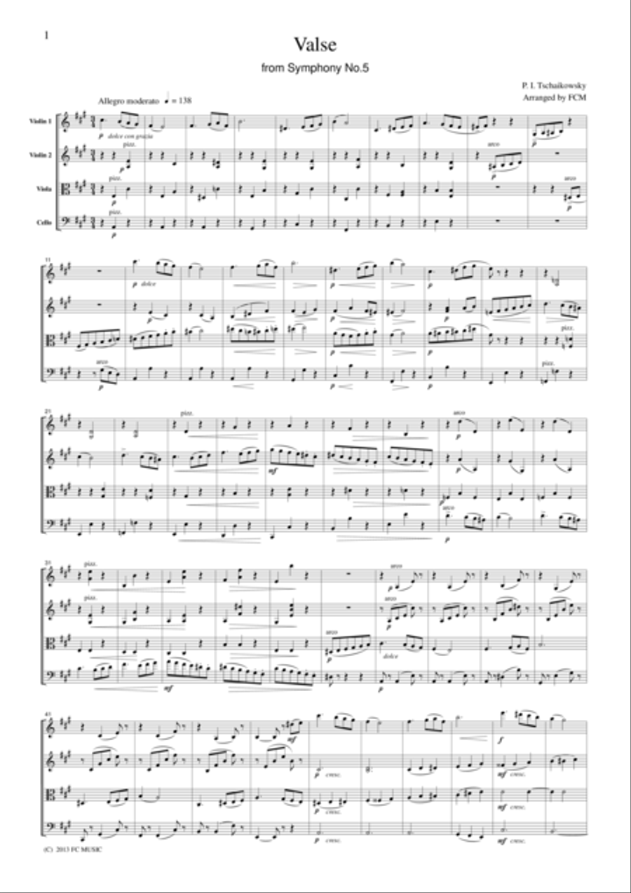 Tchaikowsky Valse from Symphony No.5, for string quartet, CT013 String Quartet scores gallery preview page 1