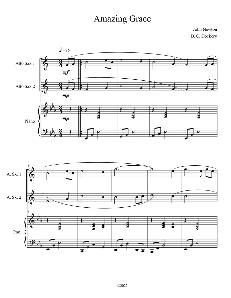 Amazing Grace (Alto Sax Duet with Piano Accompaniment) Woodwind Duet scores gallery preview page 1