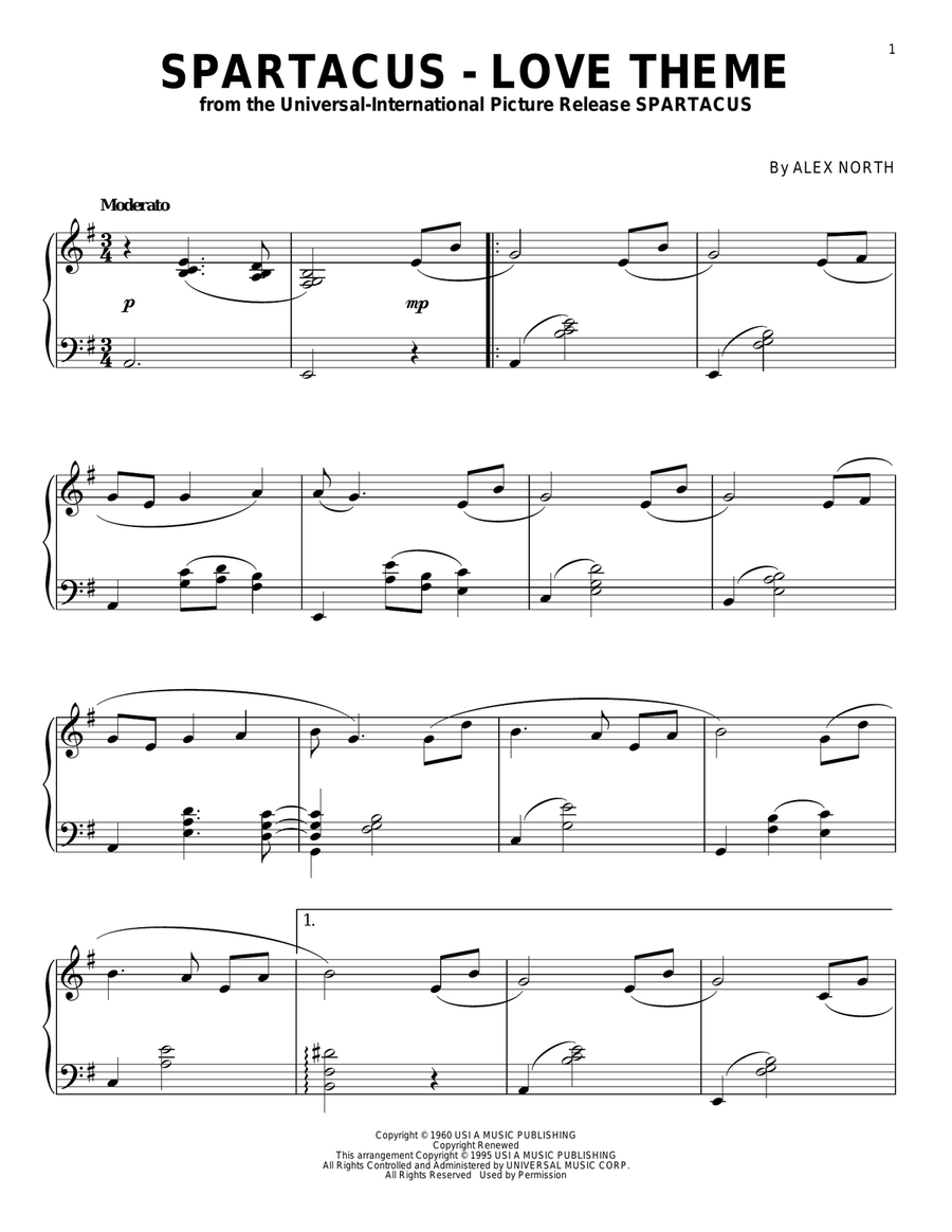 Spartacus - Love Theme Piano Solo scores gallery preview page 1